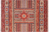 6x8 hand knotted Khurjeen wool rug in rust and blue - Tribal Khurgeen Maynard