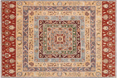 9x12 hand knotted Khurjeen wool rug in tan and rust - Bohemian Khurgeen Cruz