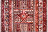 6x8 hand knotted Khurjeen wool rug in red and rust - Bohemian Khurgeen Abdul