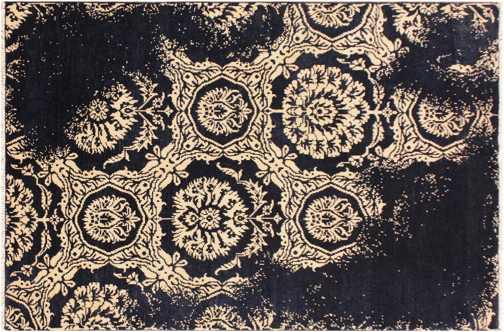 handmade Modern Abstract Blue Ivory Hand Knotted RECTANGLE WOOL&VISCOU area rug 4' x 6'