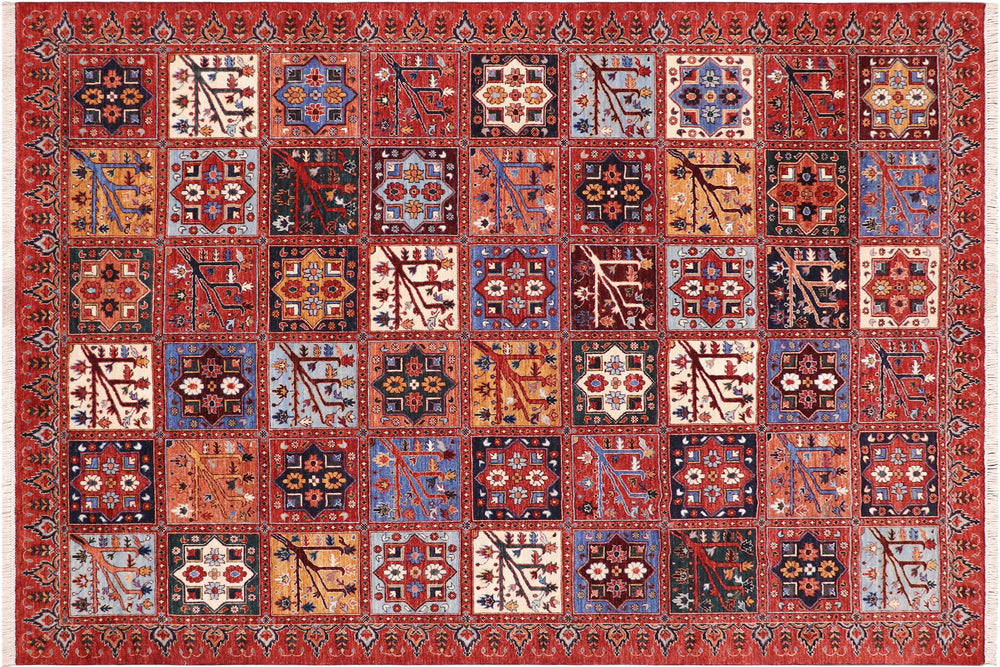 handmade Geometric Kafkaz Rust Blue Hand Knotted RECTANGLE 100% WOOL area rug 9' x 12'