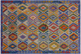 7x10 hand woven Turkish Kilim wool rug in light blue and teal - Chic Oleisa Turkish