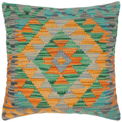 handmade Traditional Pillow Orange Green Hand-Woven SQUARE 100% WOOL kilim throw pillow