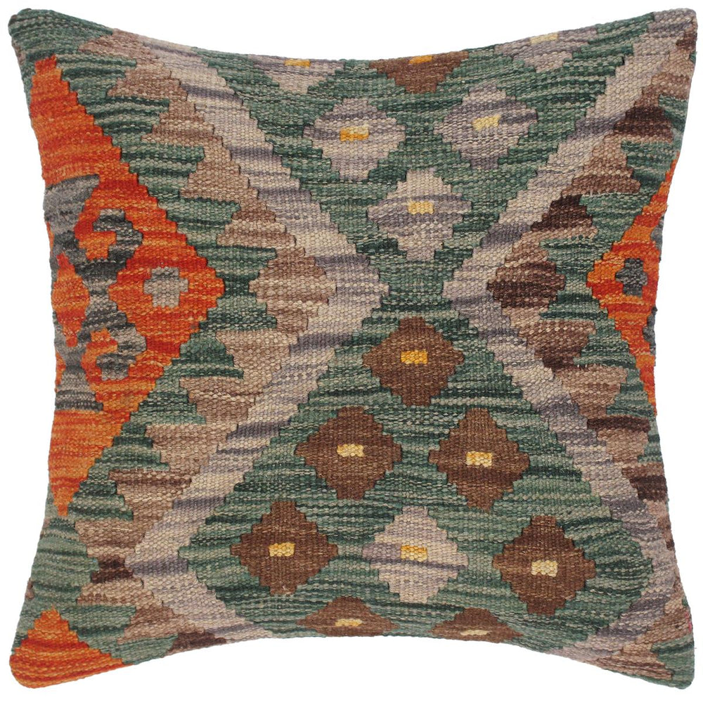 handmade Traditional Pillow Green Rust Hand-Woven SQUARE 100% WOOL kilim throw pillow