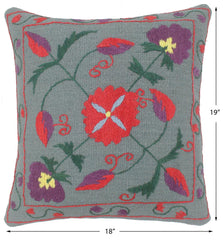 handmade Pillow Gray Red Hand-Woven SQUARE 100% Wool Suzani Throw Pillow