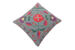 handmade Pillow Gray Red Hand-Woven SQUARE 100% Wool Suzani Throw Pillow