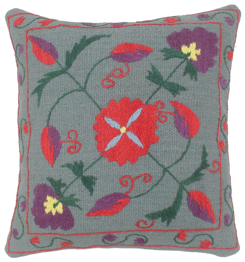 handmade Pillow Gray Red Hand-Woven SQUARE 100% Wool Suzani Throw Pillow