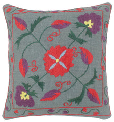 handmade Pillow Gray Red Hand-Woven SQUARE 100% Wool Suzani Throw Pillow