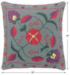 handmade Pillow Gray Red Hand-Woven SQUARE 100% Wool Suzani Throw Pillow