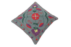 handmade Pillow Gray Red Hand-Woven SQUARE 100% Wool Suzani Throw Pillow