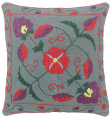 handmade Pillow Gray Red Hand-Woven SQUARE 100% Wool Suzani Throw Pillow