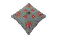 handmade Pillow Blue Red Hand-Woven SQUARE 100% Wool Suzani Throw Pillow