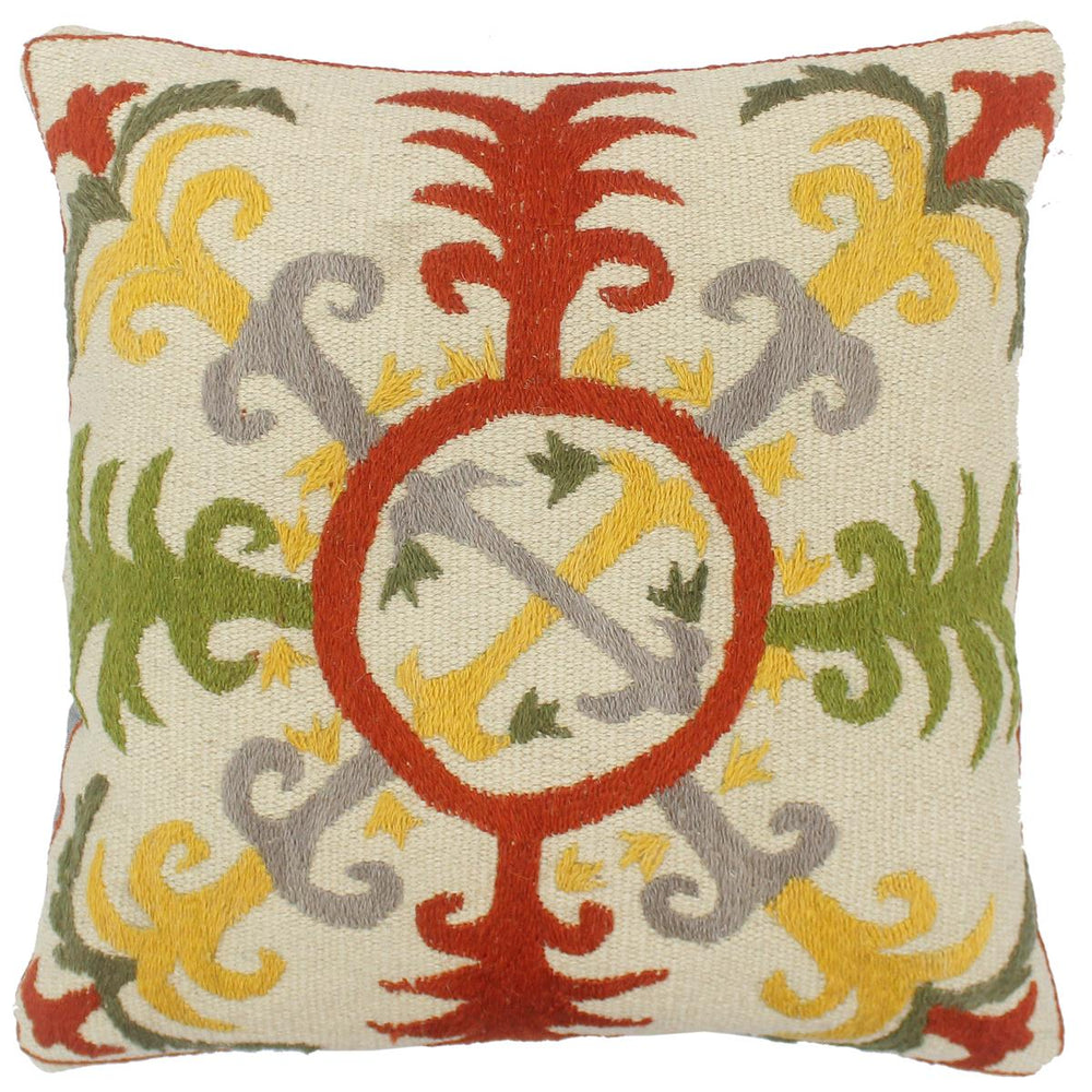 handmade Pillow Beige Rust Hand-Woven SQUARE 100% Wool Suzani Throw Pillow