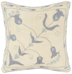 handmade Pillow Beige Blue Hand-Woven SQUARE 100% Wool Suzani Throw Pillow