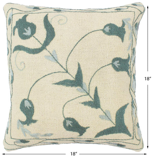 handmade Pillow Beige Green Hand-Woven SQUARE 100% Wool Suzani Throw Pillow