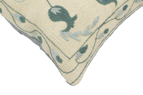 handmade Pillow Beige Green Hand-Woven SQUARE 100% Wool Suzani Throw Pillow