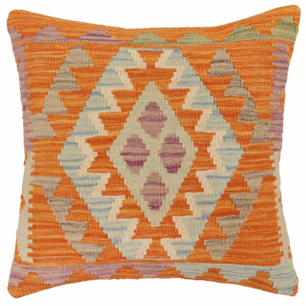 handmade Traditional Pillow Orange Blue Hand-Woven SQUARE 100% WOOL Hand woven turkish pillow2 x 2
