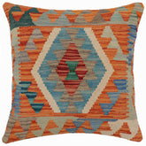 18x18 hand woven kilim throw pillow in rust, blue and beige - Boho Chic Michael