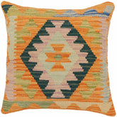 18x18 hand woven kilim throw pillow in orange, blue and green - Bohemian Goodwin