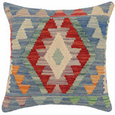 18x18 hand woven kilim throw pillow in blue, red and beige - Boho Chic Griffith