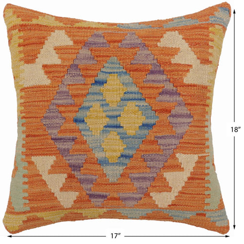 handmade Traditional Pillow Orange Blue Hand-Woven SQUARE 100% WOOL Hand woven turkish pillow 2 x 2