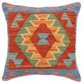 18x18 hand woven kilim throw pillow in rust, blue and green - Bohemian Hernande