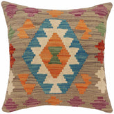 18x18 hand woven kilim throw pillow in blue, rust and purple - Boho Chic Fitzgera