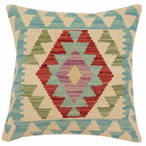 18x18 hand woven kilim throw pillow in beige, blue and red - Bohemian Melendez