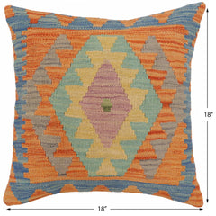handmade Traditional Pillow Blue Orange Hand-Woven SQUARE 100% WOOL Hand woven turkish pillow2 x 2