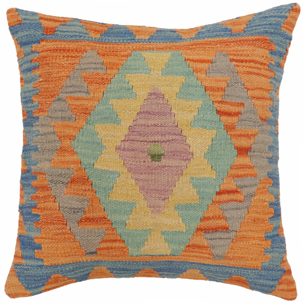 handmade Traditional Pillow Blue Orange Hand-Woven SQUARE 100% WOOL Hand woven turkish pillow2 x 2