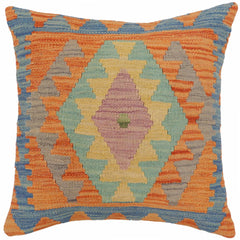 handmade Traditional Pillow Blue Orange Hand-Woven SQUARE 100% WOOL Hand woven turkish pillow2 x 2
