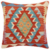 18x18 hand woven kilim throw pillow in rust, blue and beige - Bohemian Hoffman