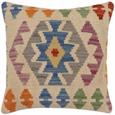 18x18 hand woven kilim throw pillow in beige, blue and gray - Boho Chic Avila