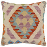 18x18 hand woven kilim throw pillow in beige, rust and blue - Boho Chic Snyder