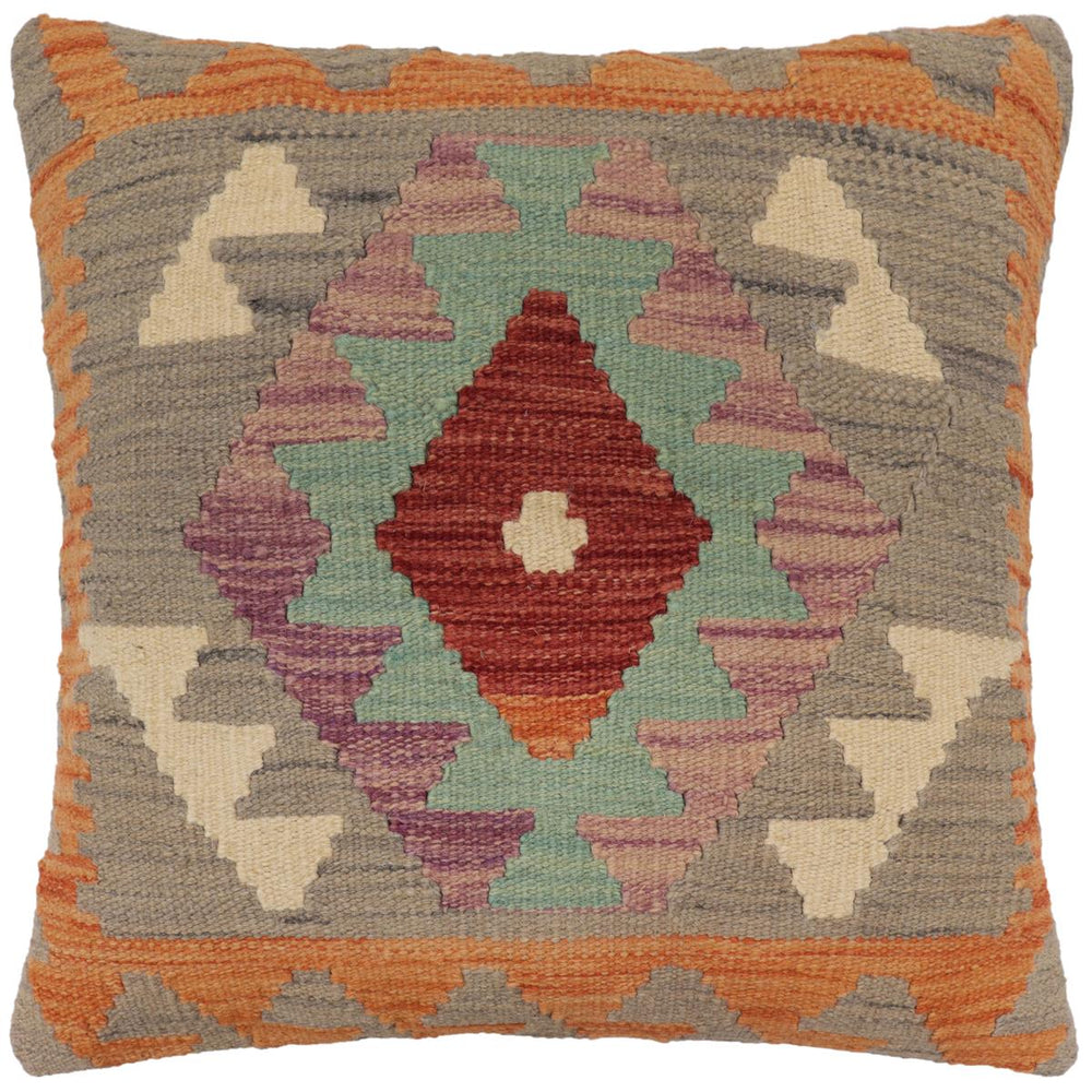 handmade Traditional Pillow Gray Orange Hand-Woven SQUARE 100% WOOL Hand woven turkish pillow PILLOW