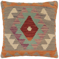 handmade Traditional Pillow Gray Orange Hand-Woven SQUARE 100% WOOL Hand woven turkish pillow PILLOW