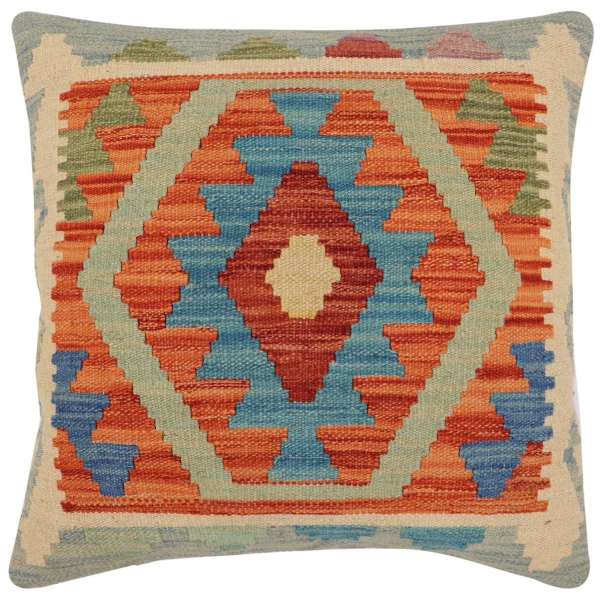 handmade Traditional Pillow Rust Blue Hand-Woven SQUARE 100% WOOL Hand woven turkish pillow PILLOW
