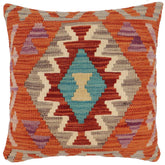 18x18 hand woven kilim throw pillow in rust, blue and beige - Boho Chic Simpson