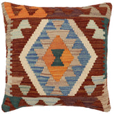18x18 hand woven kilim throw pillow in rust, blue and beige - Bohemian Perry