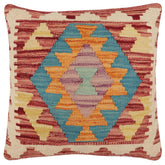 18x18 hand woven kilim throw pillow in red, blue and beige - Bohemian Burnett
