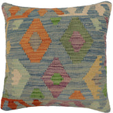 18x18 hand woven kilim throw pillow in blue, rust and beige - Boho Chic Carr