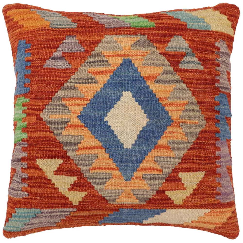 handmade Traditional Pillow Rust Blue Hand-Woven SQUARE 100% WOOL Hand woven turkish pillow 2 x 2