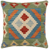 18x18 hand woven kilim throw pillow in blue, green and rust - Boho Chic Manning