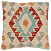 18x18 hand woven kilim throw pillow in beige, rust and blue - Bohemian Villegas