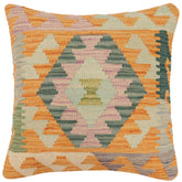 18x18 hand woven kilim throw pillow in orange, blue and green - Bohemian Ward