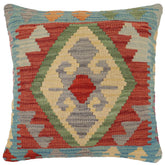 18x18 hand woven kilim throw pillow in red, blue and gray - Boho Chic Chan