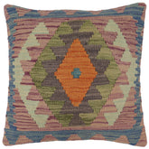18x18 hand woven kilim throw pillow in blue, gray and orange - Bohemian Clark