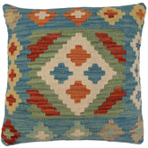 18x18 hand woven kilim throw pillow in blue, rust and beige - Bohemian Rosales