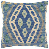 18x18 hand woven kilim throw pillow in blue, gray and beige - Boho Chic Romero