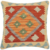 18x18 hand woven kilim throw pillow in rust, blue and gold - Boho Chic Hays